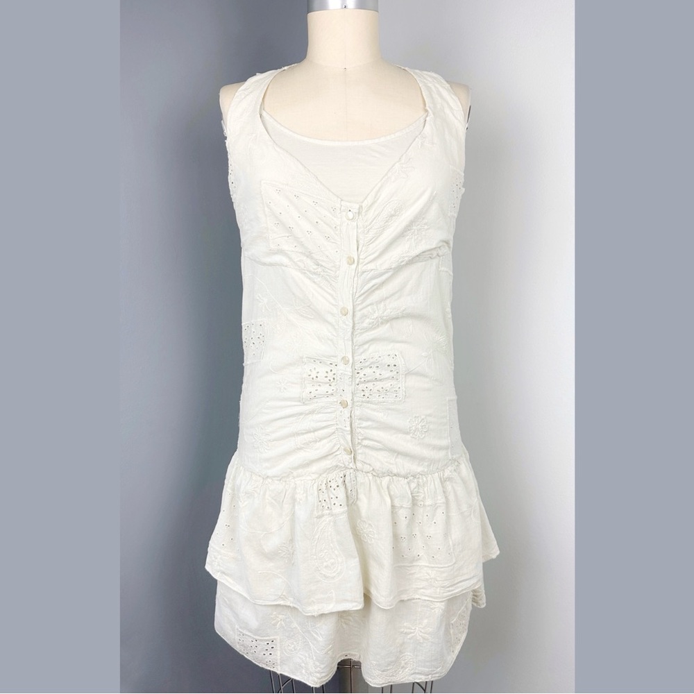 Kayla Women's Double Layer Embroidered Boho Cotton Dress Ivory Size L